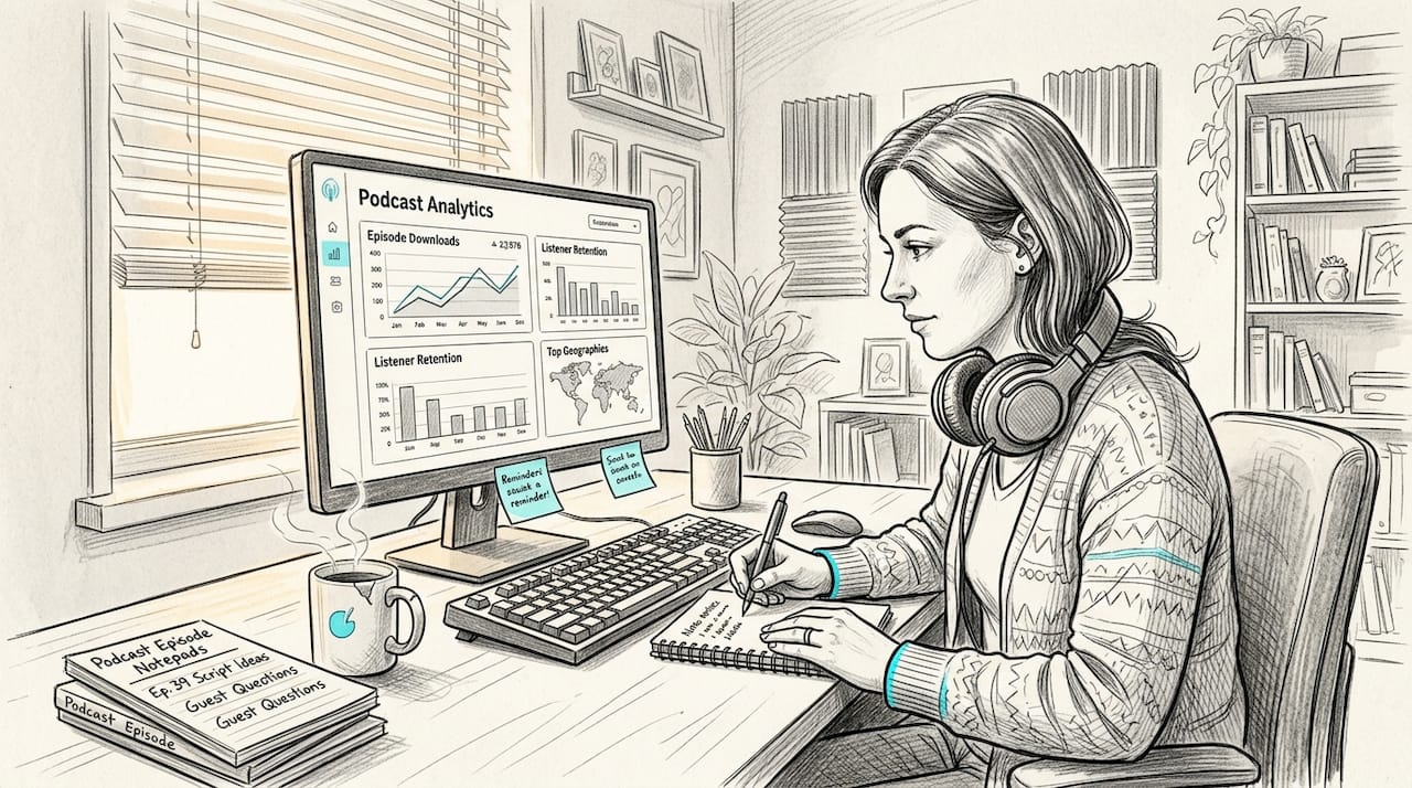 Marketer reviewing podcast analytics at desk