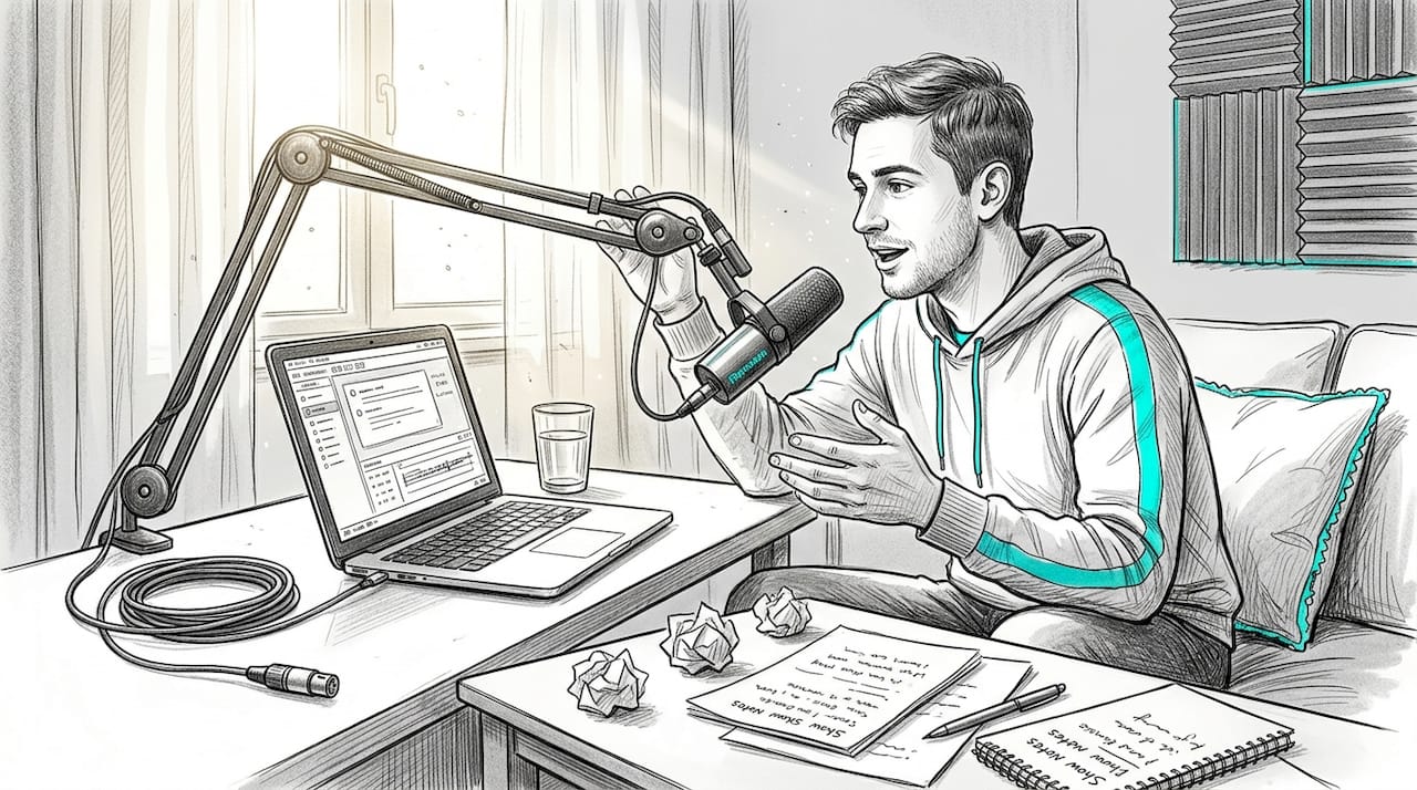 Podcast host recording ad in home studio