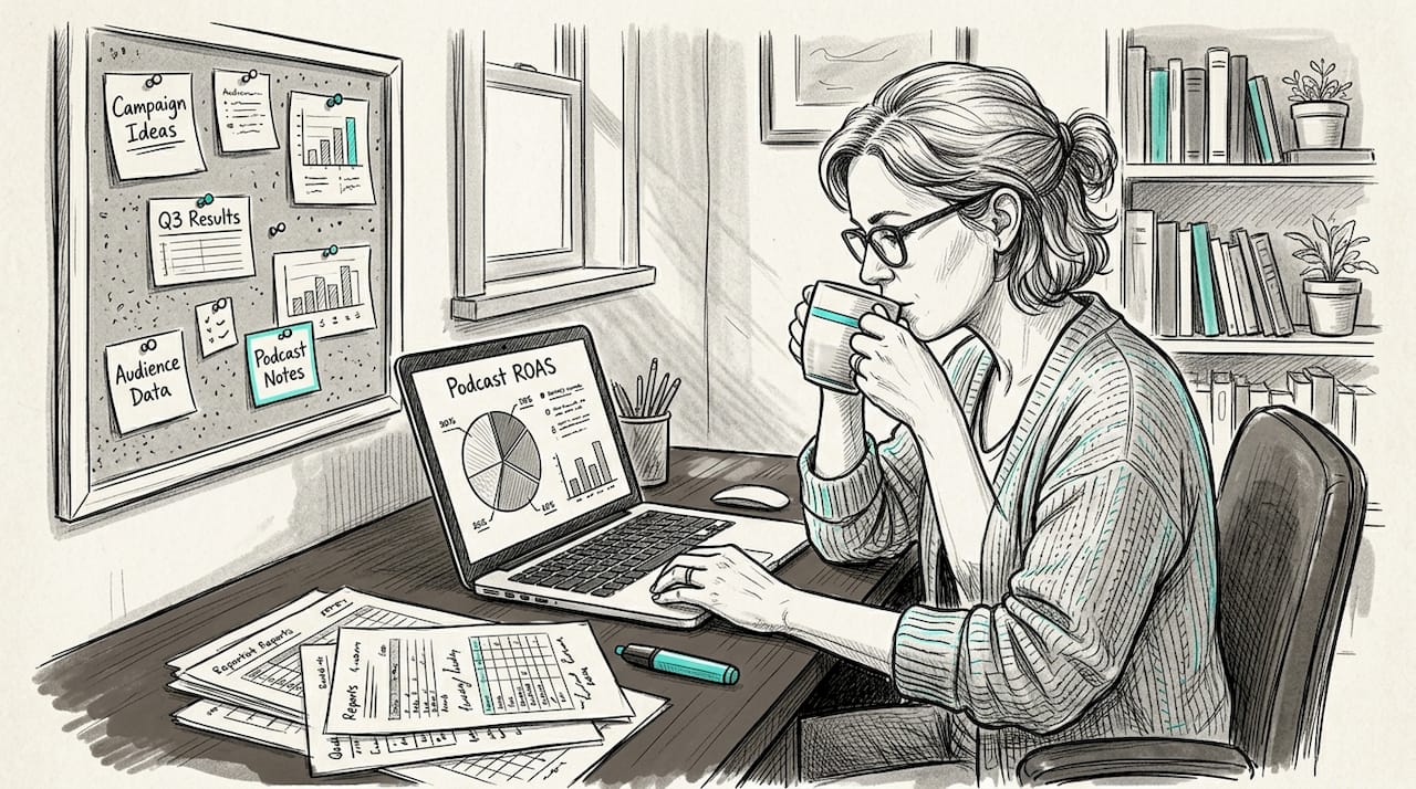 Marketing analyst reviewing podcast ROI charts