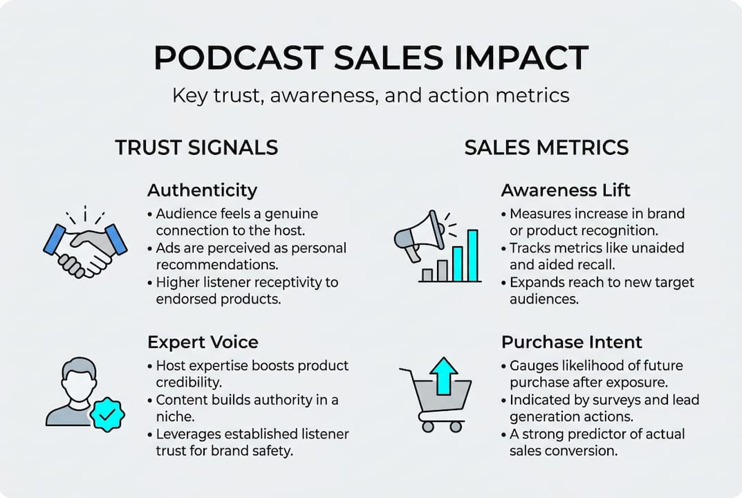 Infographic on podcast trust signals and sales metrics
