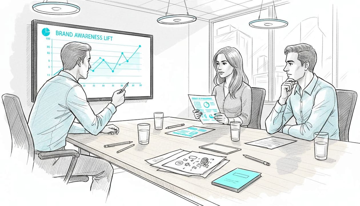 Marketing team reviews podcast campaign results