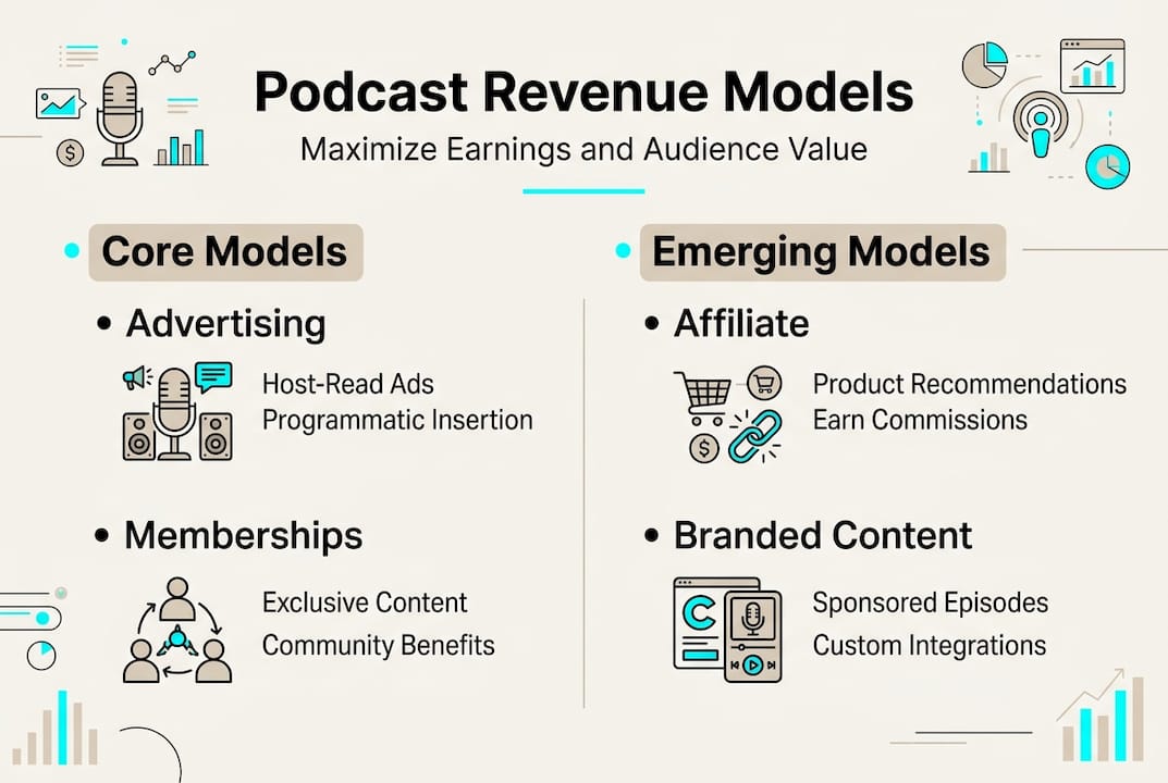 Infographic of core and emerging podcast revenue models