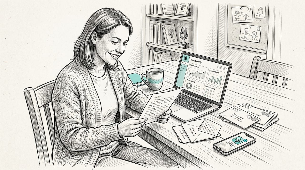 Podcaster reading fan mail in home dining area