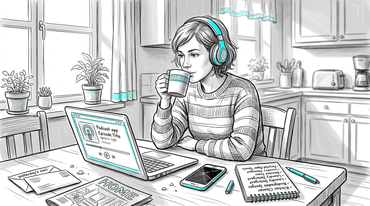 Woman listening to product review podcast in kitchen