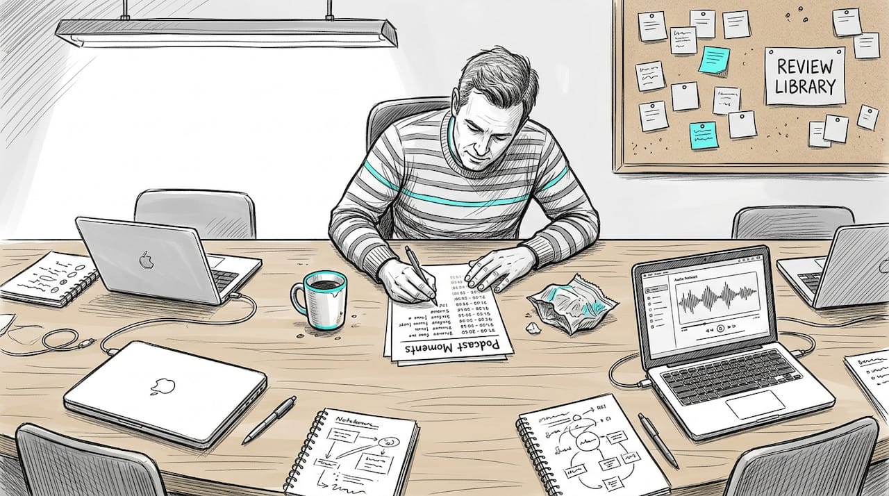 Workspace organizing podcast product review clips