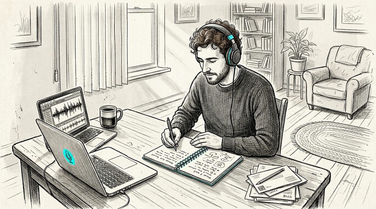 Man taking notes while listening to podcast