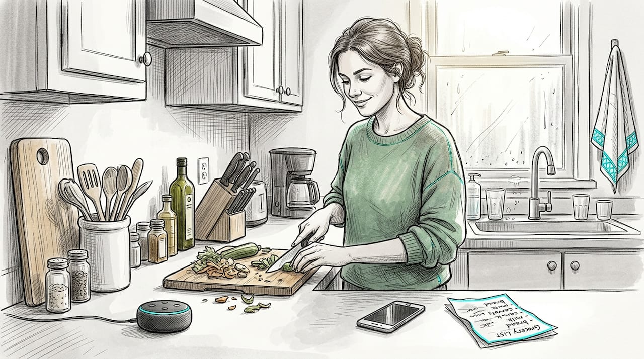 Woman multitasking while listening to smart speaker