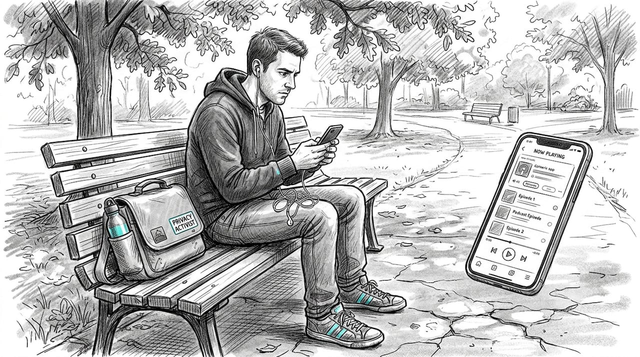 Man listens to health podcast on park bench