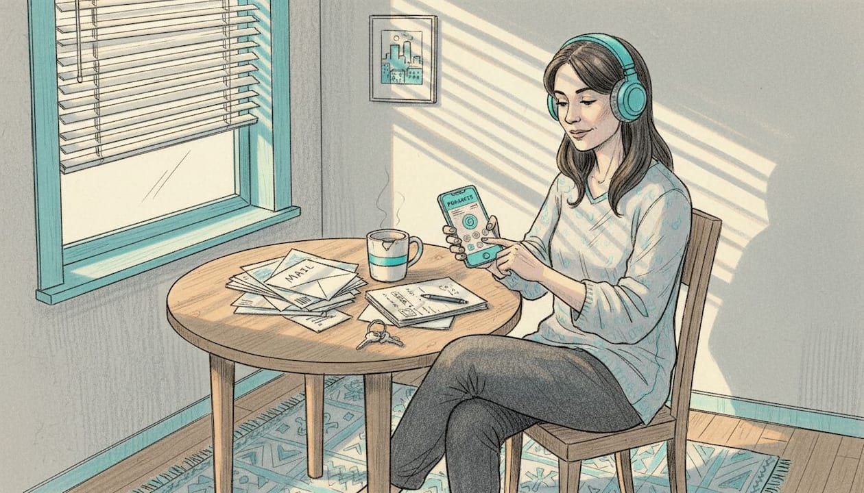 Woman listening to podcast at kitchen table