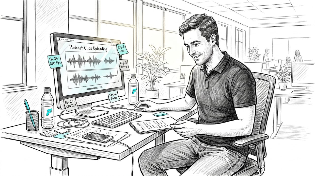 Marketer distributing podcast content in workspace