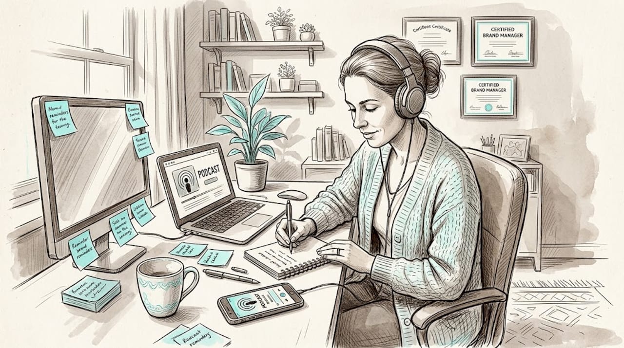 Brand manager listening and engaging with podcast
