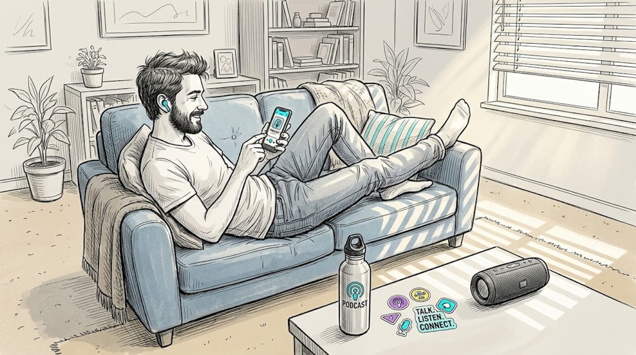 Podcast listener with gadgets at home