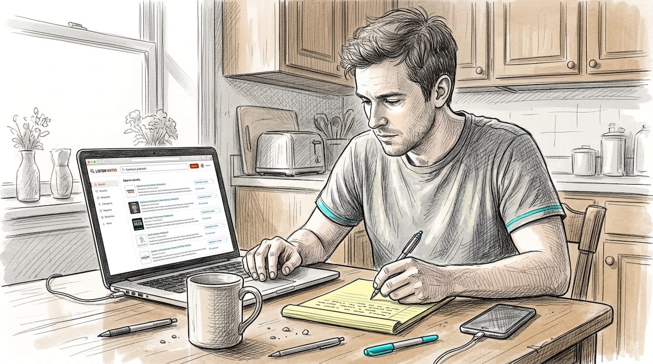 Man researching podcast market demand online