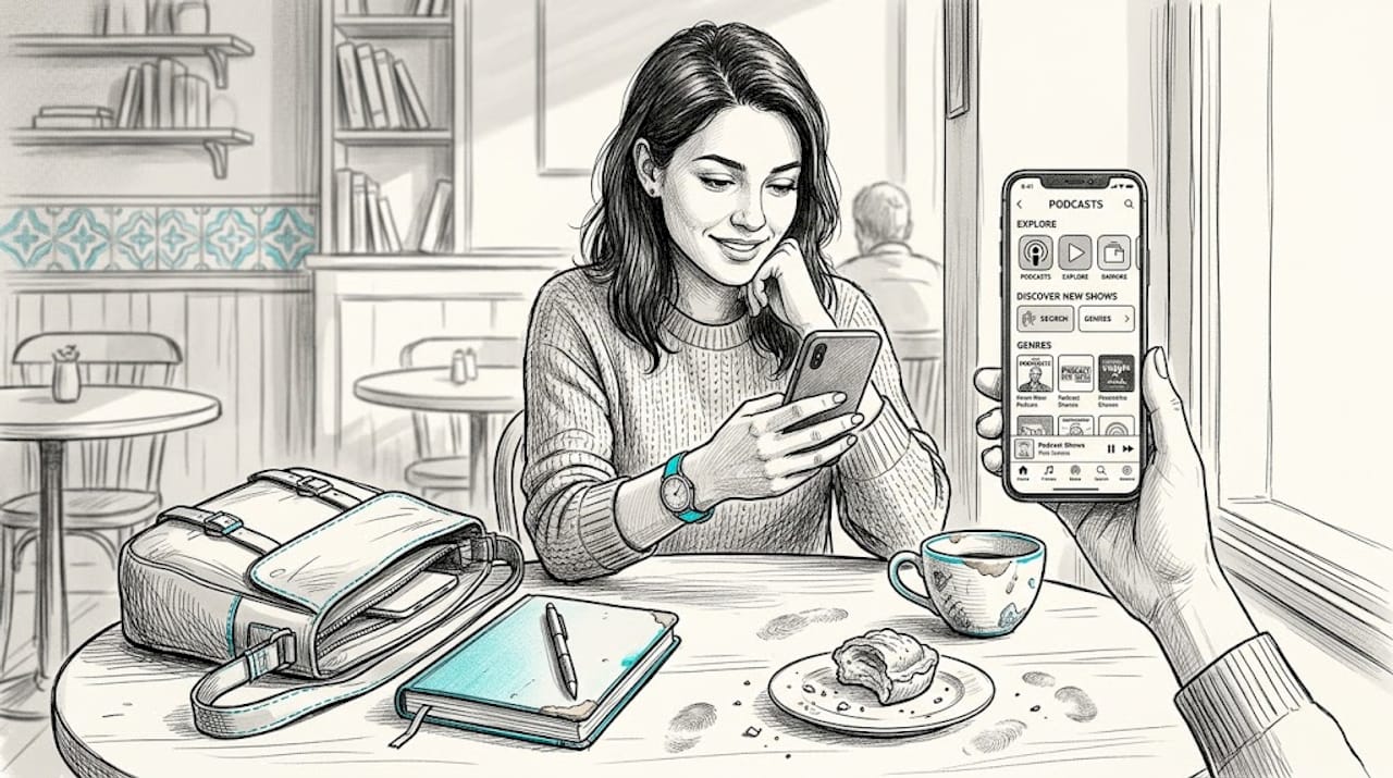 Woman comparing podcast apps in café