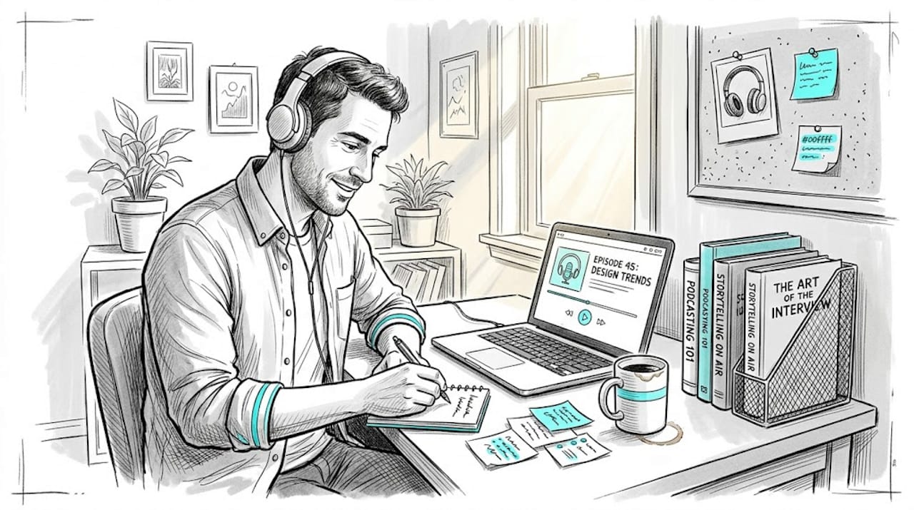 Man discovering new podcasts in home office