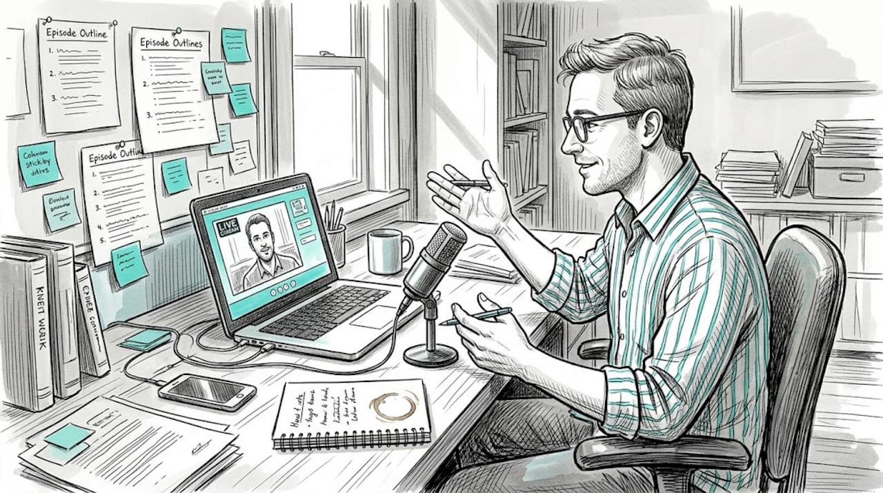 Host recording podcast guest interview at desk