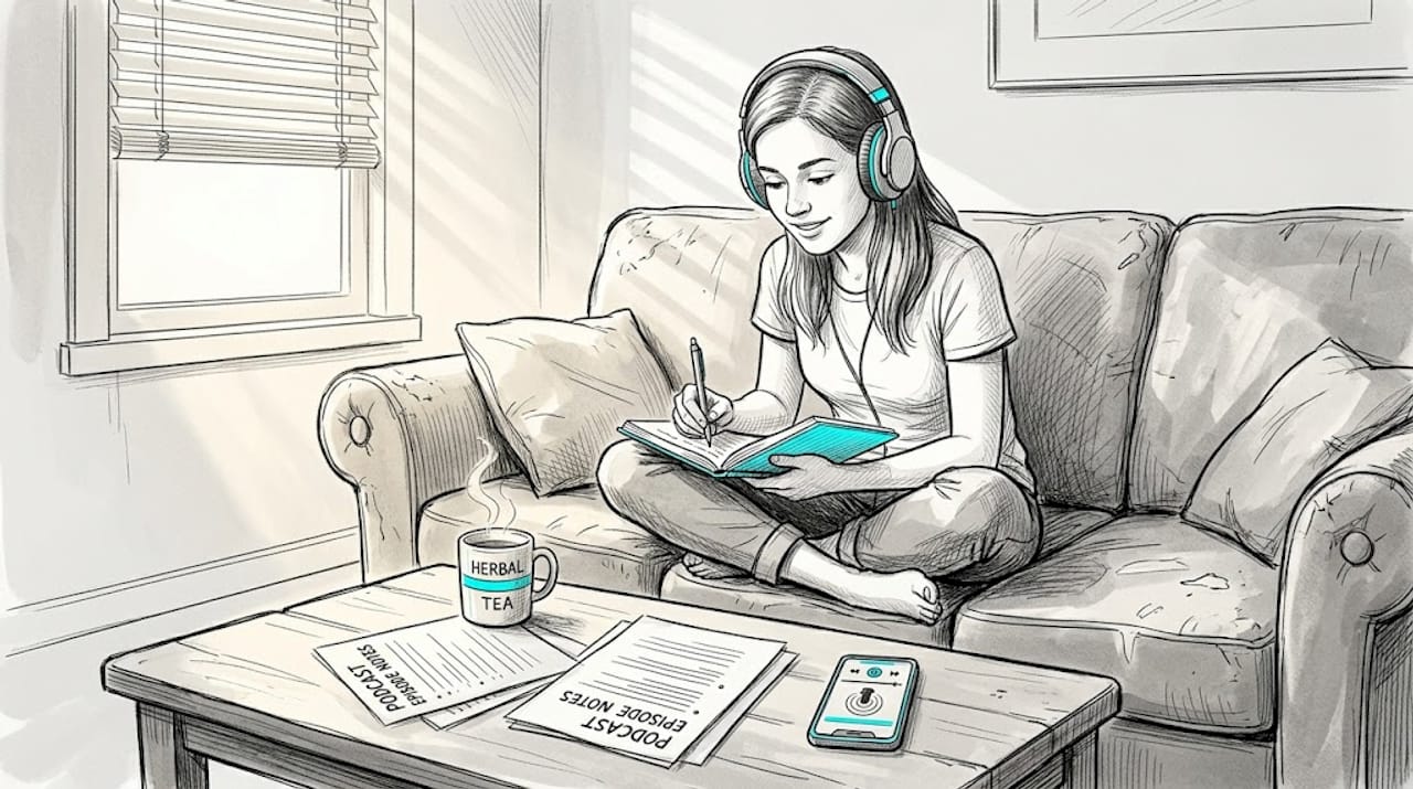 Woman listening to podcast at home with notes