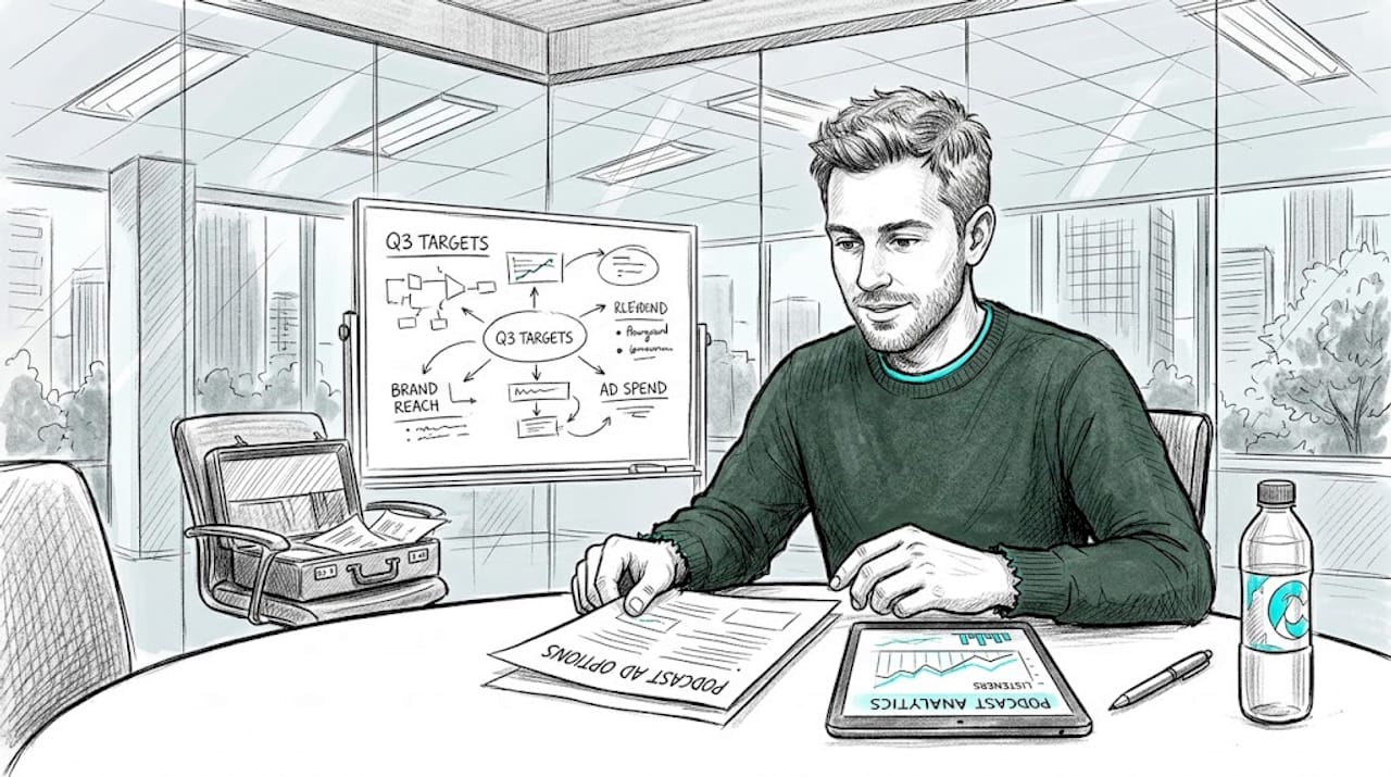 Marketer reviews podcast ad options in meeting room