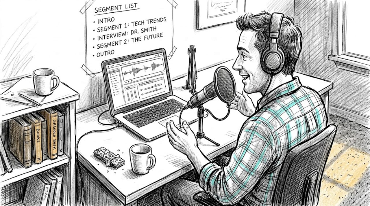 Podcast host recording session at home desk