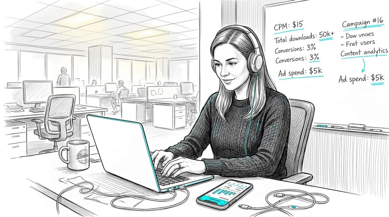 Podcast ad manager working in open-plan office