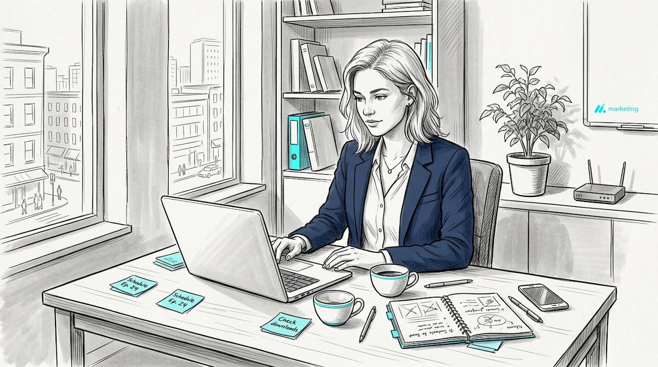 Podcast manager reviewing analytics in office