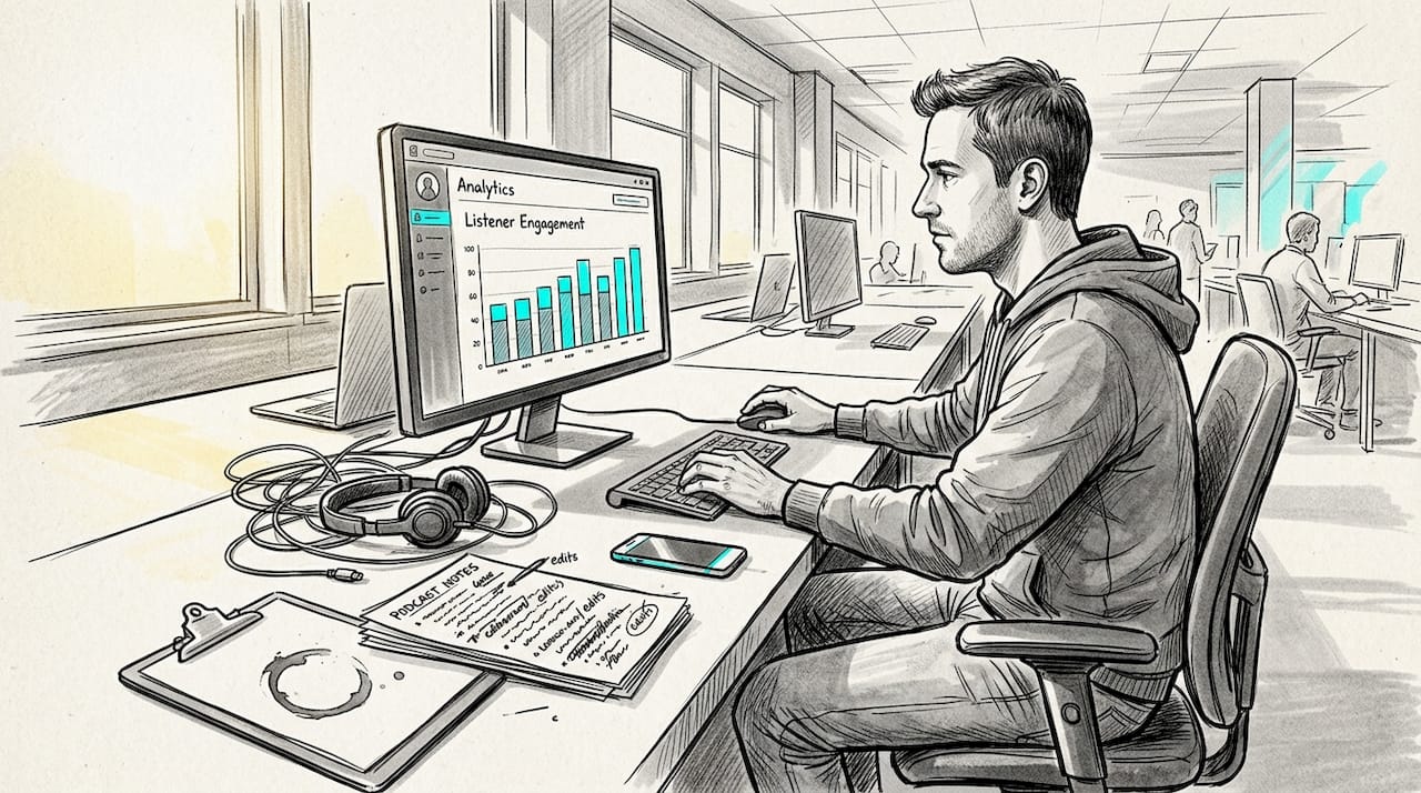 Producer using podcast metrics dashboard analysis