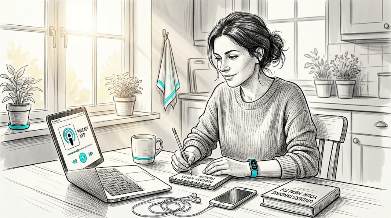 Woman exploring podcasts at kitchen table