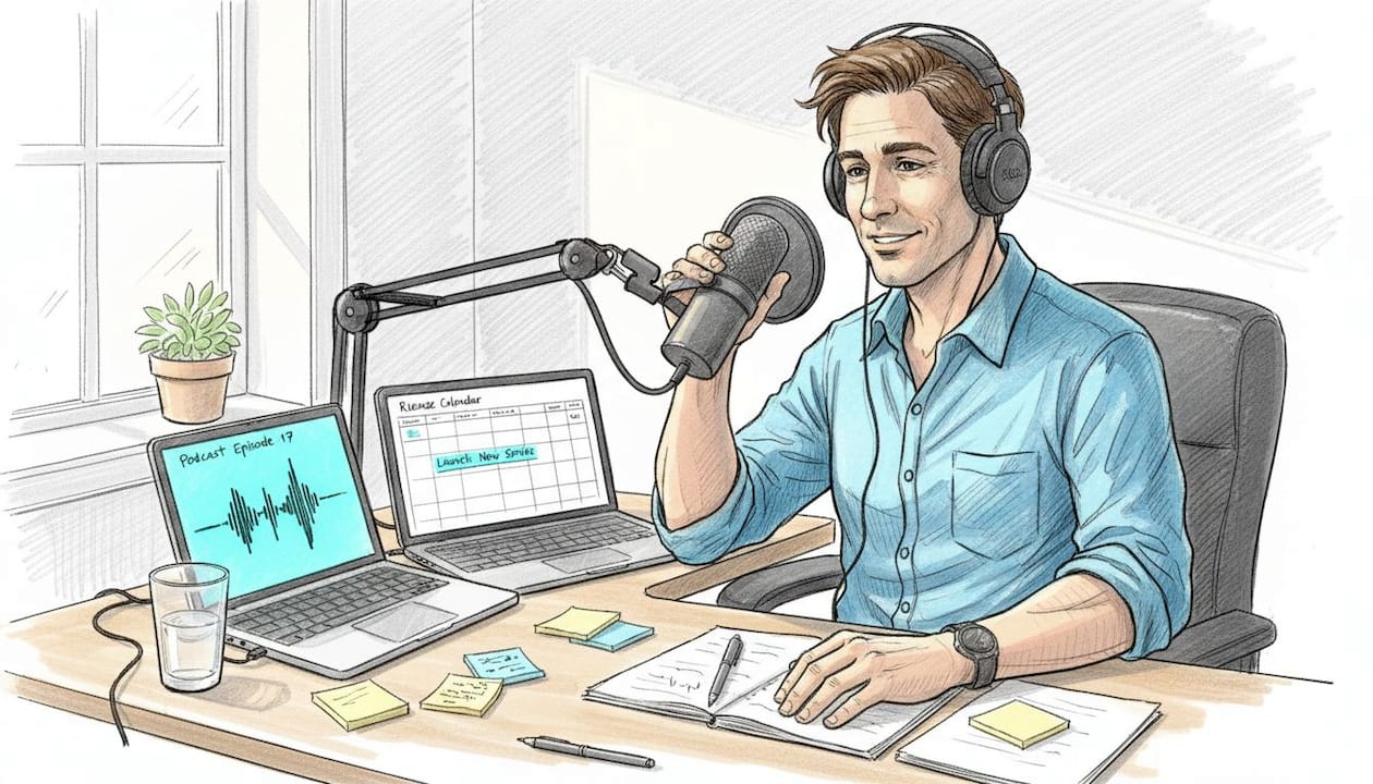 Man preparing podcast recording session
