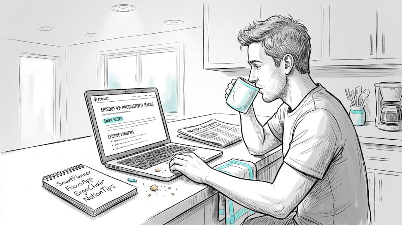 Man checking product links in show notes