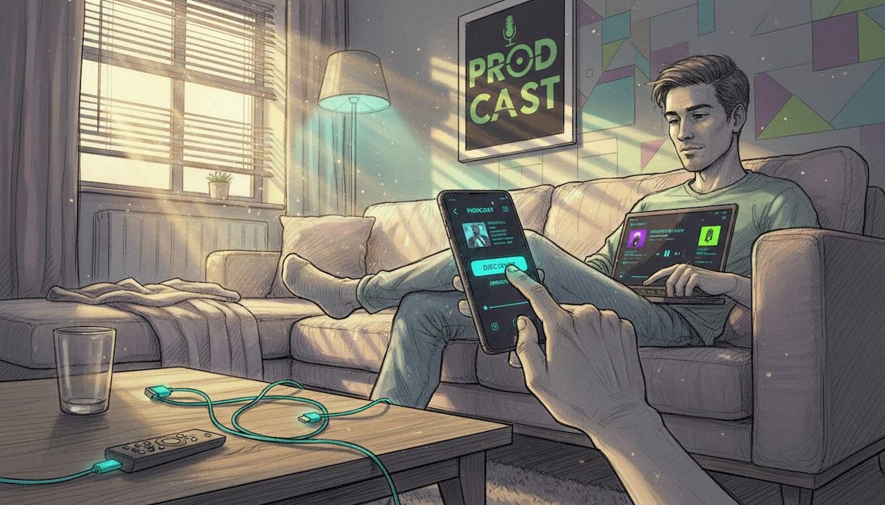 Man adjusts podcast app settings at home