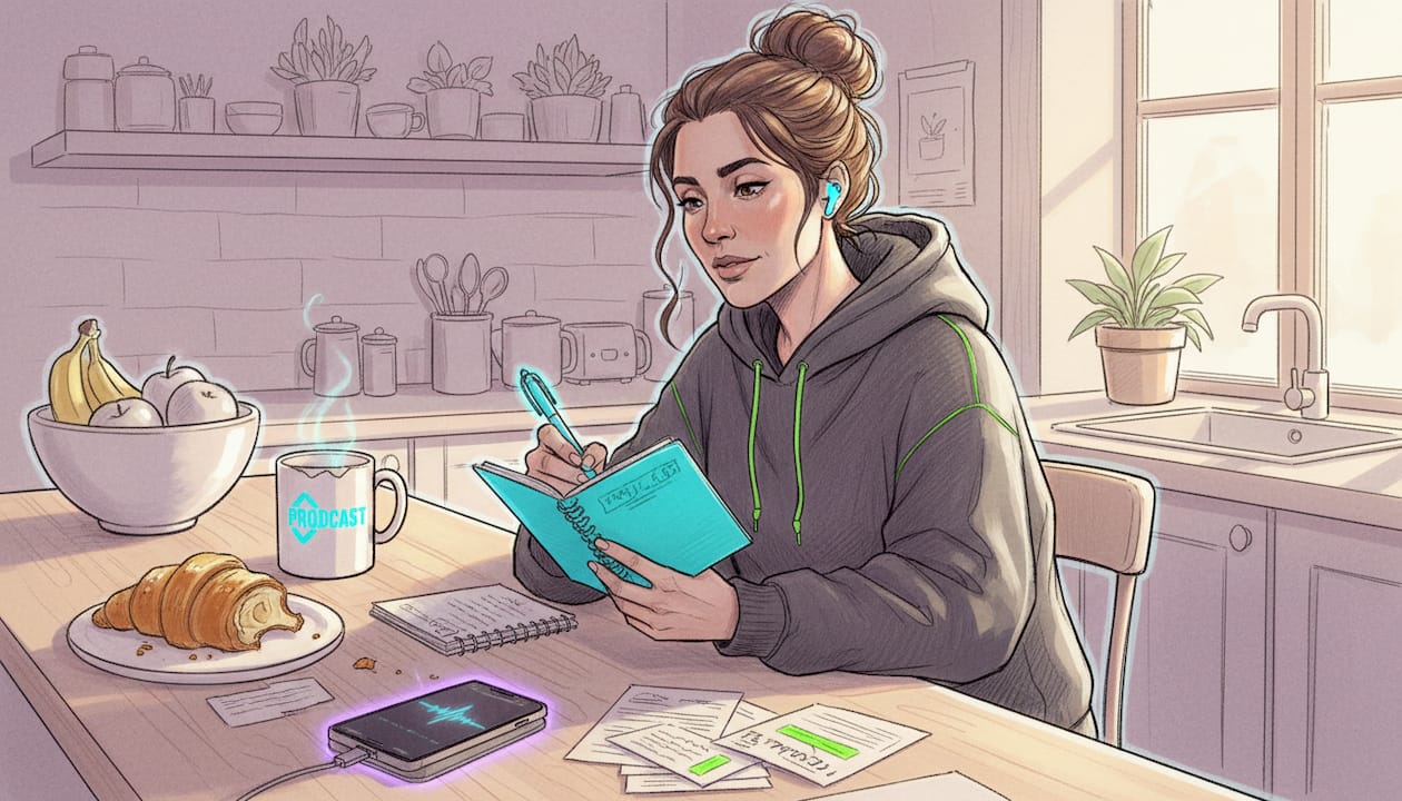 Woman listening to podcast in kitchen