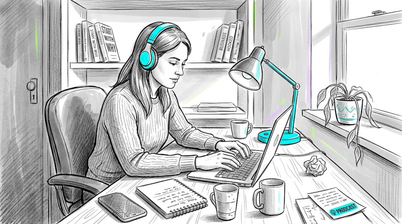 Woman listening to podcast and typing notes in home office