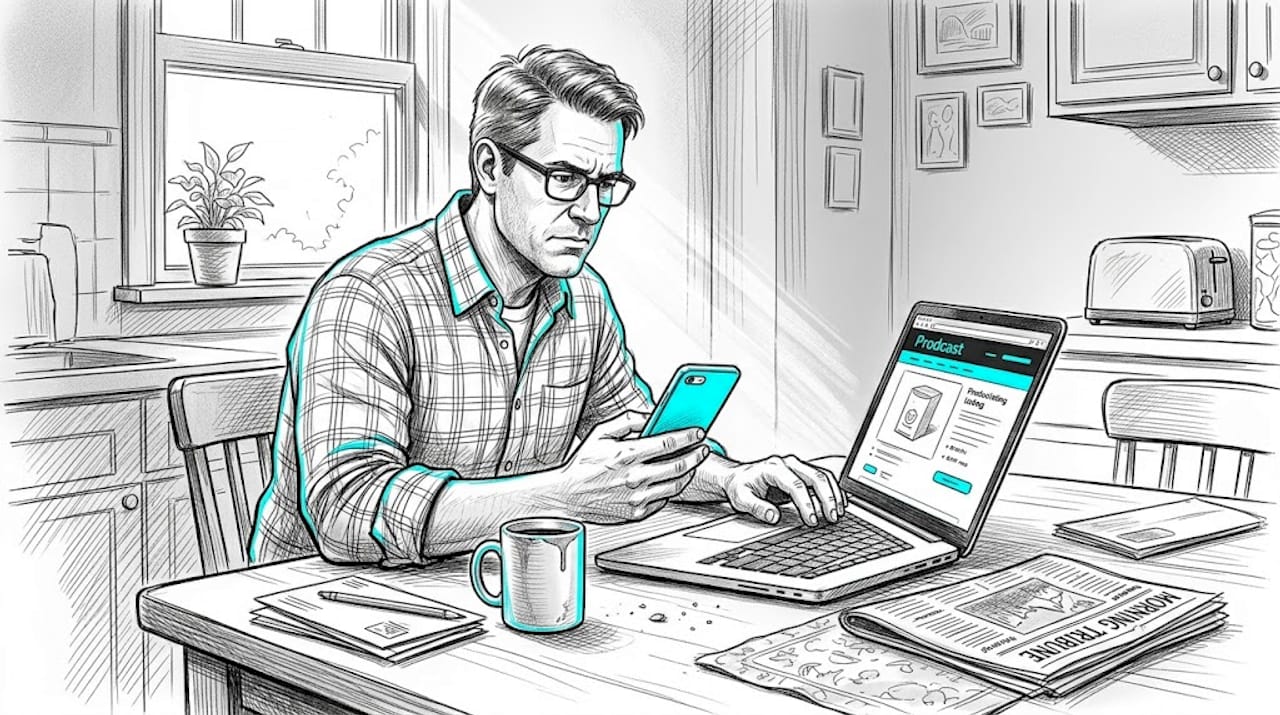 Man verifying online product listing in kitchen