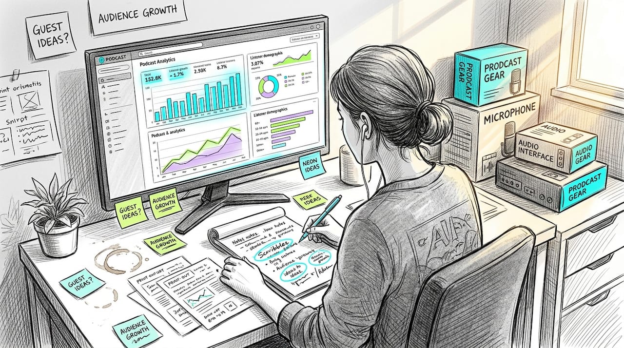 Woman reviewing podcast analytics at desk
