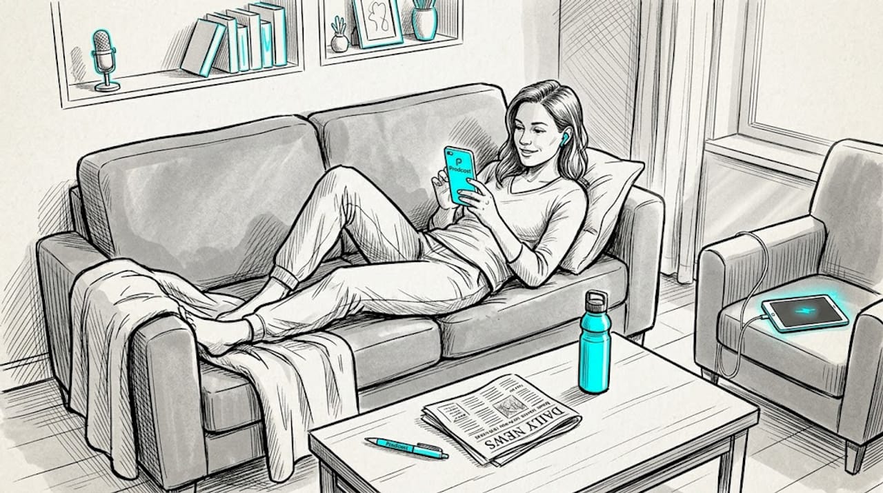 Woman smiling listening to podcast with phone
