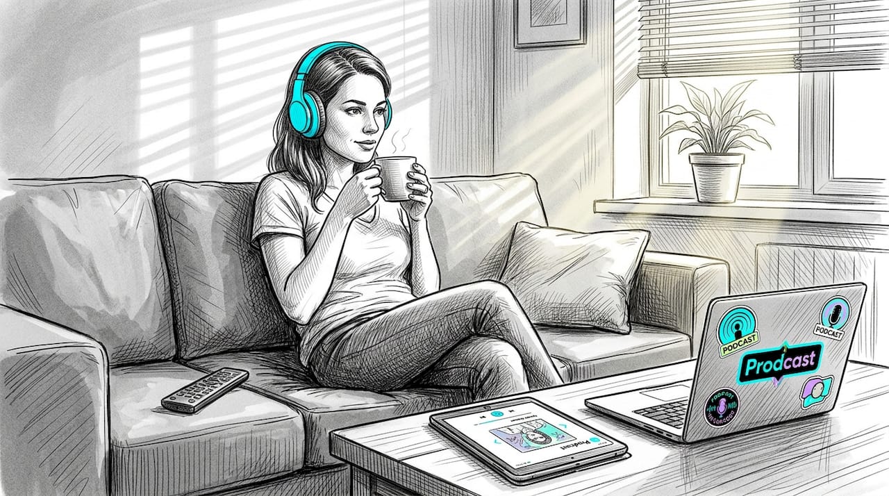 Woman relaxing with headphones enjoying podcast