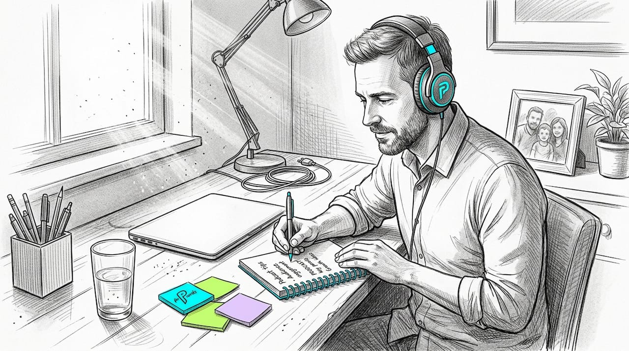 Man focused on podcast in home office