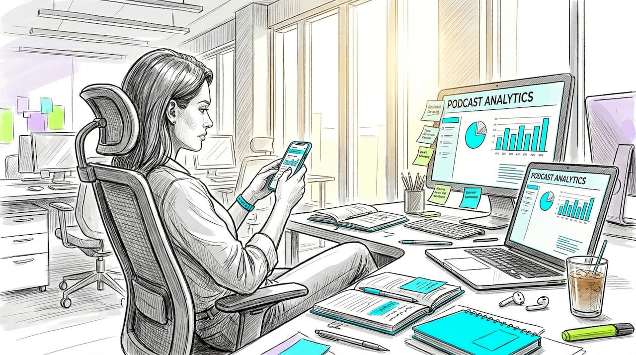 Marketing manager scrolling podcast analytics workspace