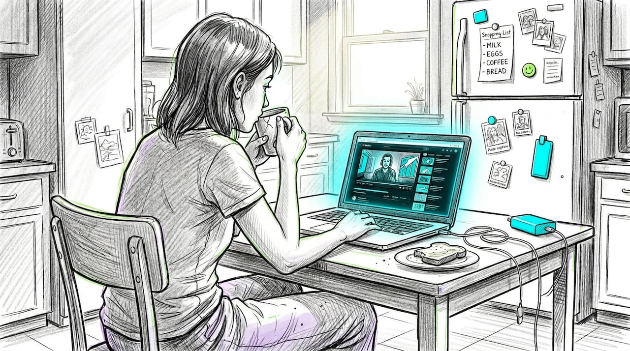 Woman watching video podcast at kitchen table