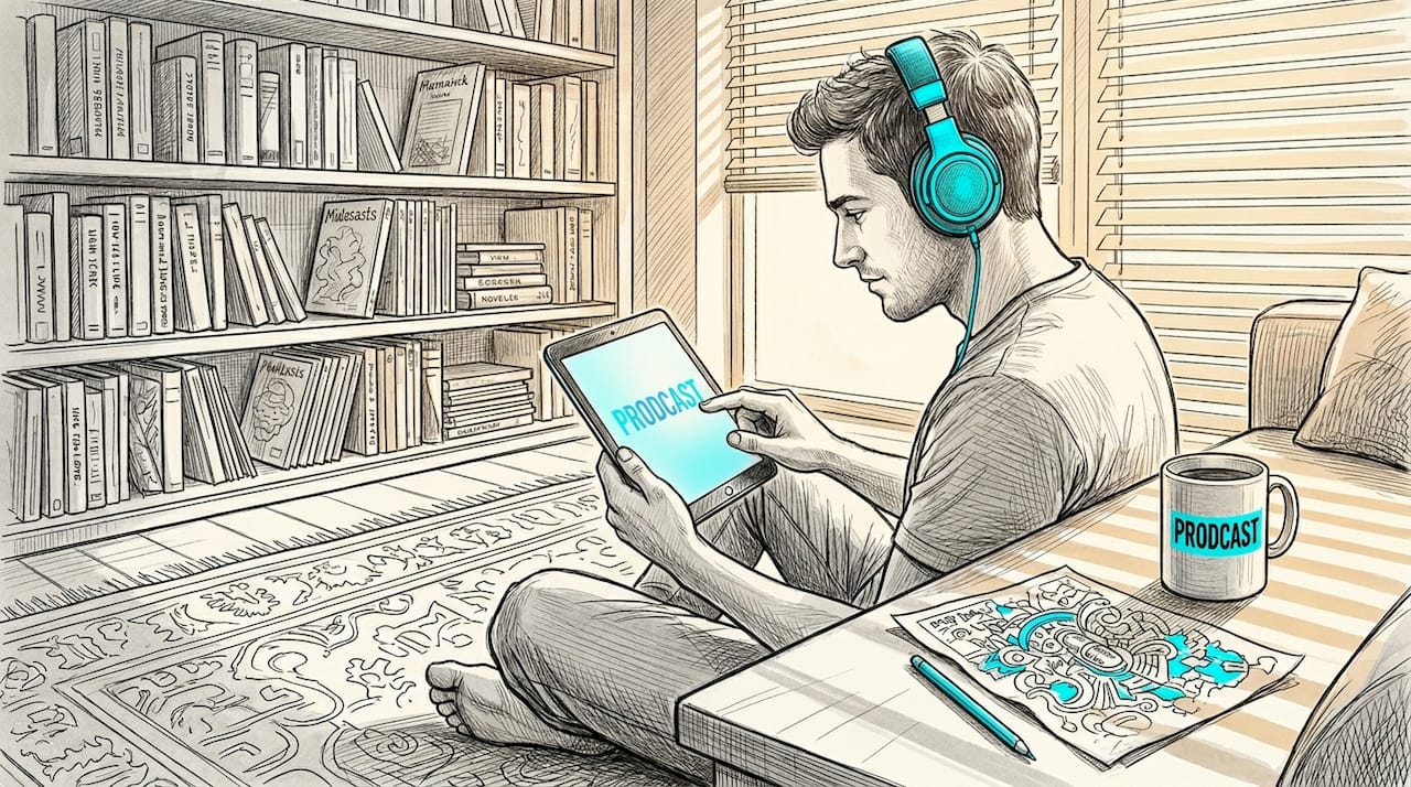 Man browsing podcasts in cozy living room