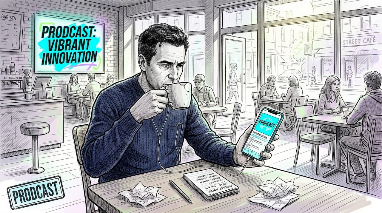Man using podcast app in lively café