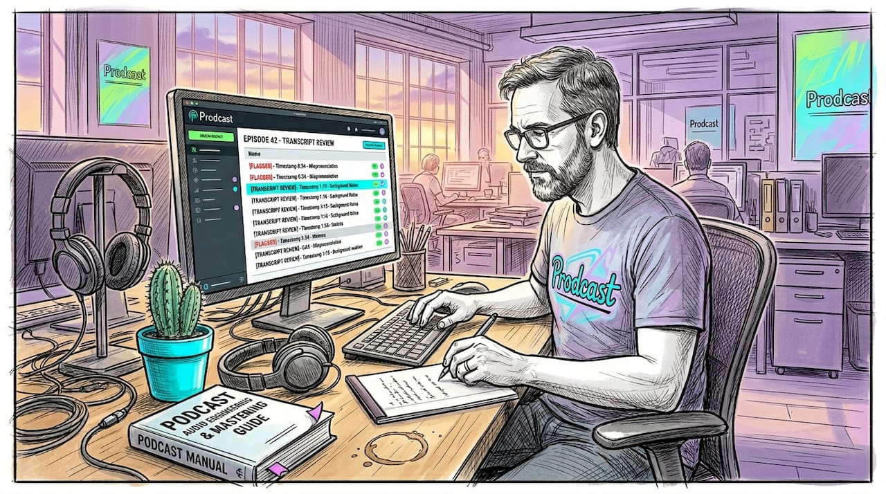 Engineer reviewing podcast moderation workflow