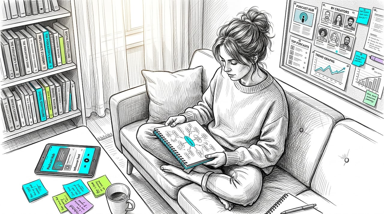 Woman planning podcast curation in home office