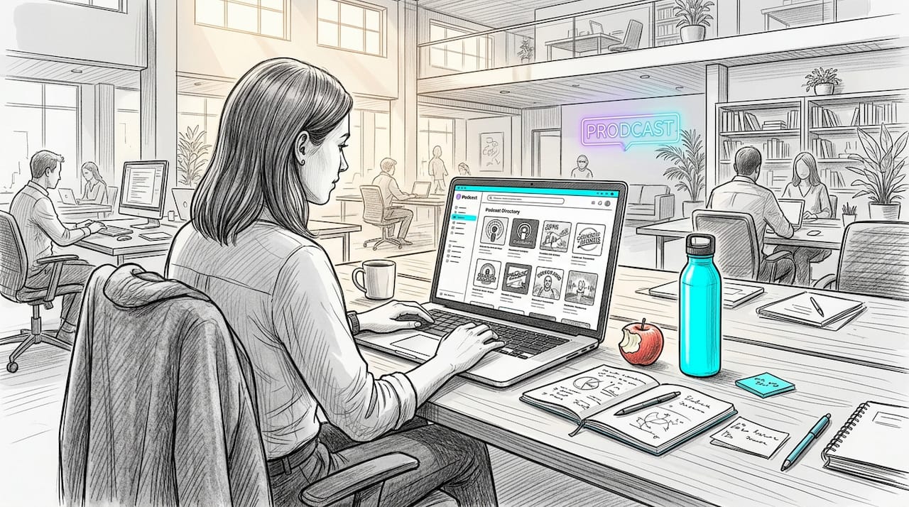 Woman browsing podcast platform at desk