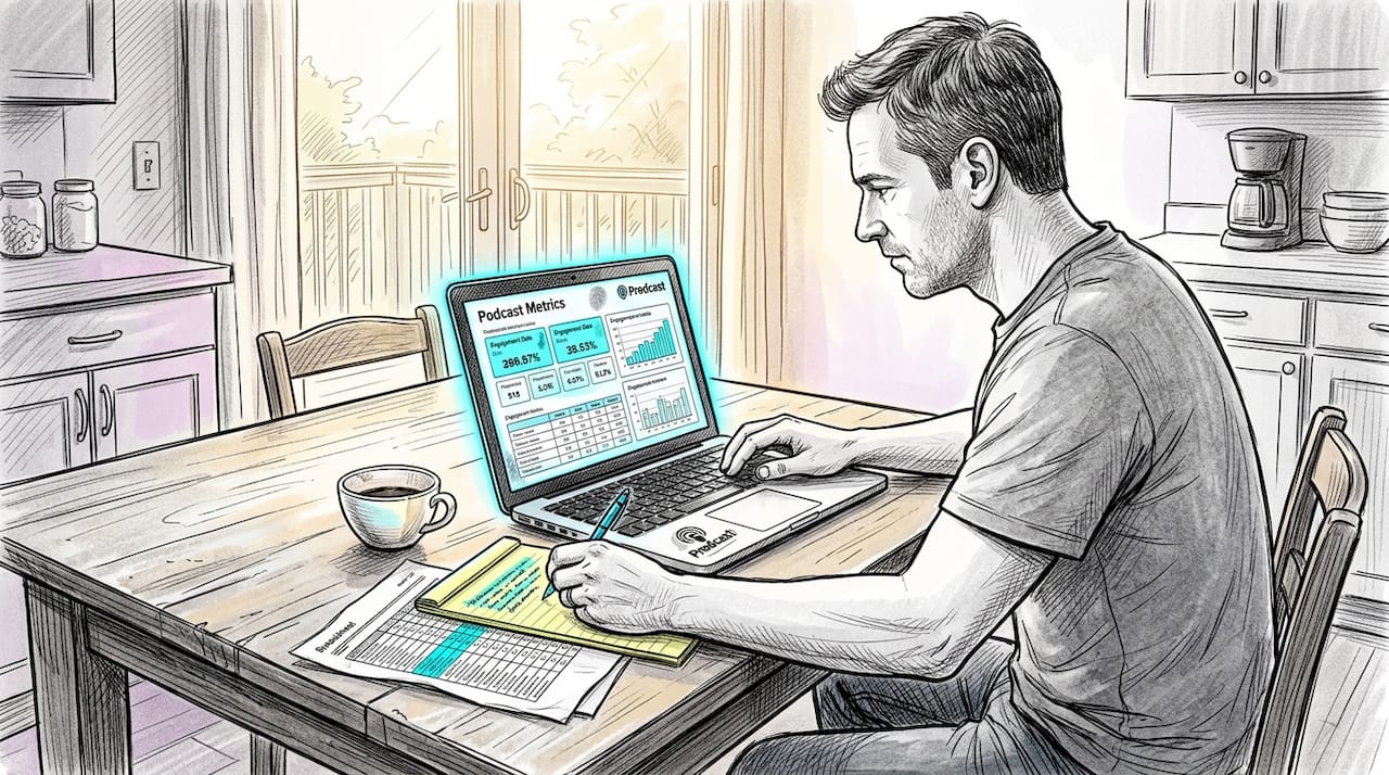 Podcaster analyzing metrics on laptop