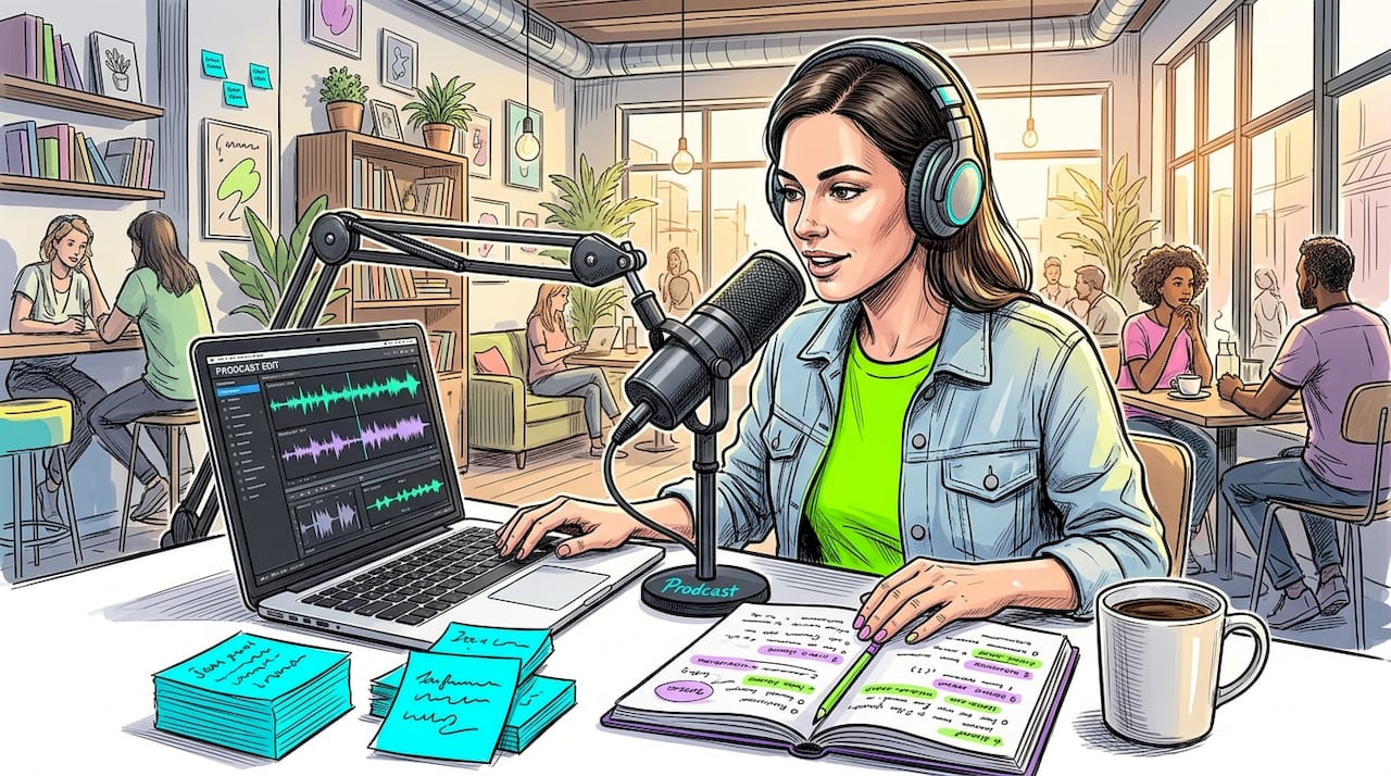 Podcaster recording episode opening hook