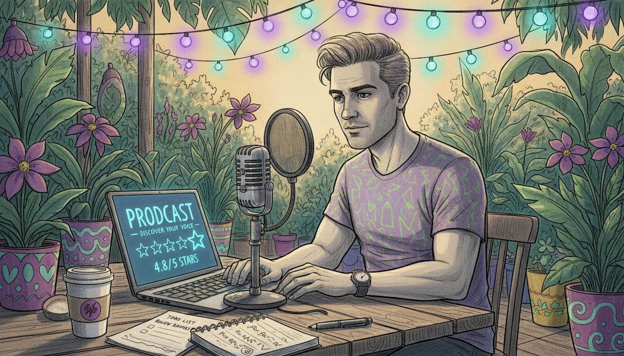Podcaster reviews star ratings at home desk