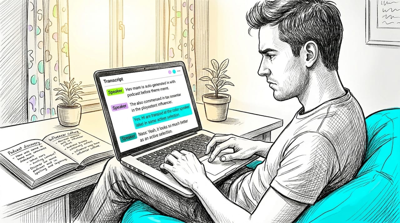 Man edits podcast transcript on laptop