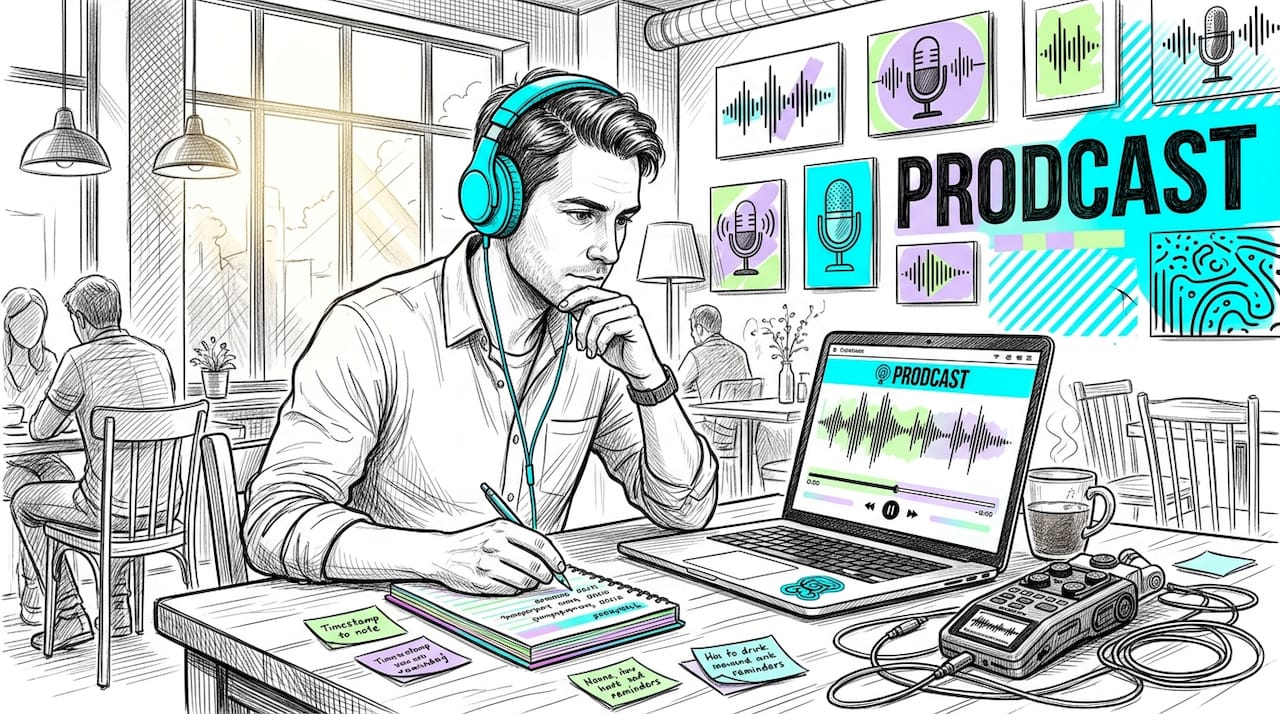 Podcast producer edits audio in home office