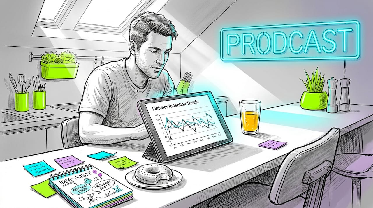 Podcaster reviewing analytics at kitchen table